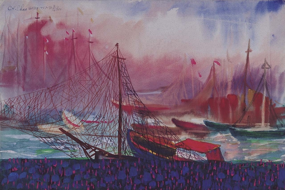 趙春翔《港邊船影》水彩、畫布，40×57cm，1957-1980。（本刊資料室）