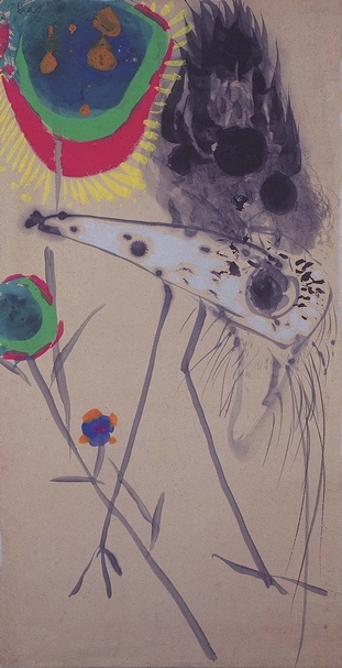 趙春翔《艷光四射》紙、水墨、壓克力彩、畫布，89×46cm，1966。（本刊資料室）