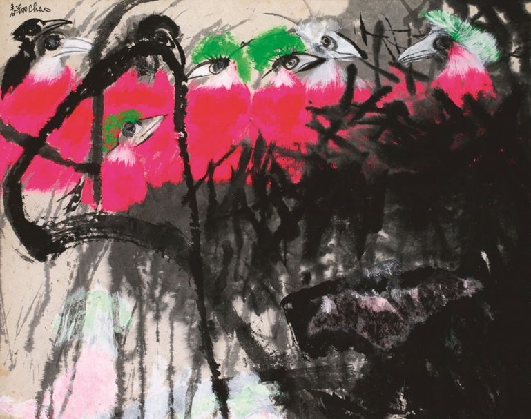 趙春翔《群鶴（訓子）》，紙、水墨、壓克力彩、畫布，72x91cm，1974。（亞洲大學現代美術館提供）