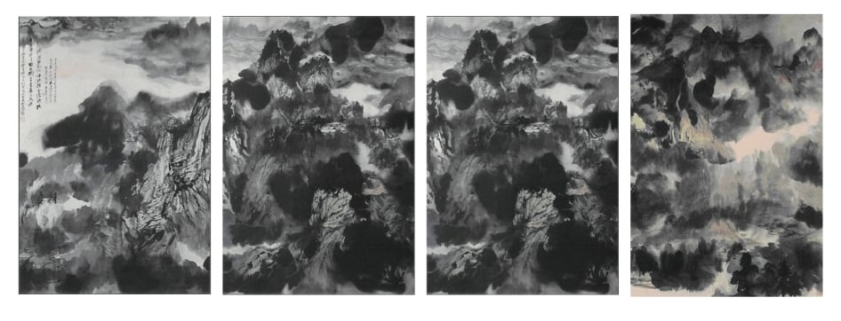 張大千1962年作〈青城山通景屏〉,潑墨、設色紙本,立軸四屏,195×555.4公分。
