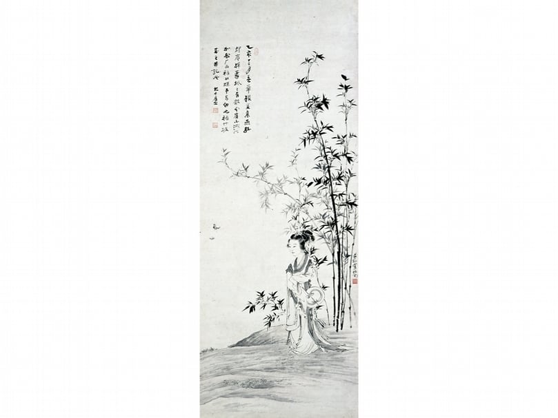 徐燕孫、張大千、于非闇、張善孖1935年合作〈美人撲蝶〉。