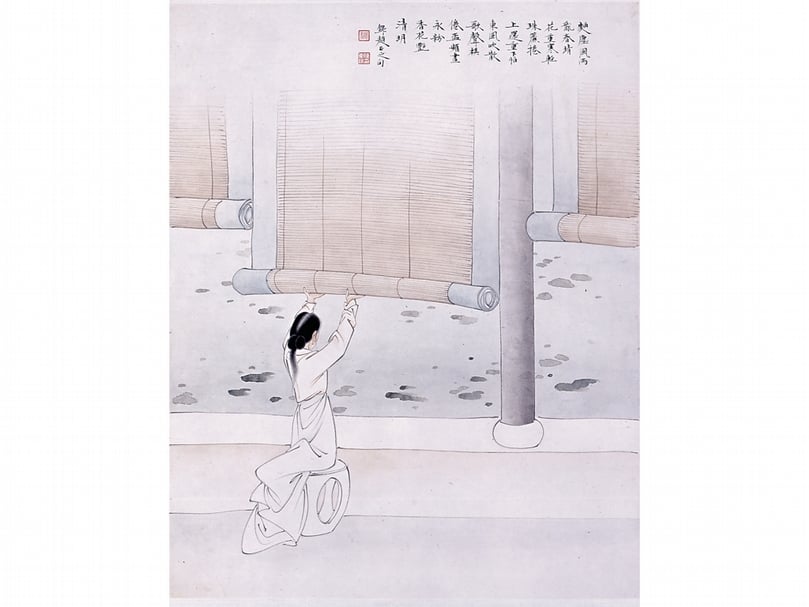 陳東陽畫作〈花重寒輕珠簾捲〉。畫風融嶺南派寫意飄逸與北方畫派如徐燕孫、陳少梅等人的爽俐冷逸,別開新局。