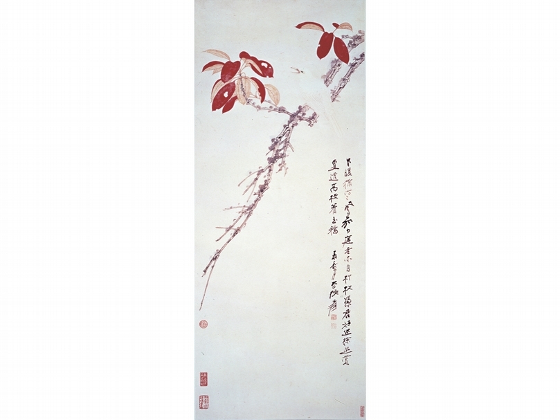 張大千〈紅葉玉鴉〉,設色紙本,直幅,113.5×45.5公分,香港「謫僊館」舊藏。