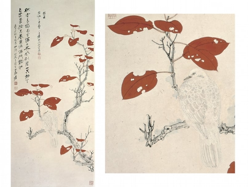 張大千〈紅葉小鳥〉,設色紙本,直幅,113.5×50公分,台北私人收藏。 右為局部。