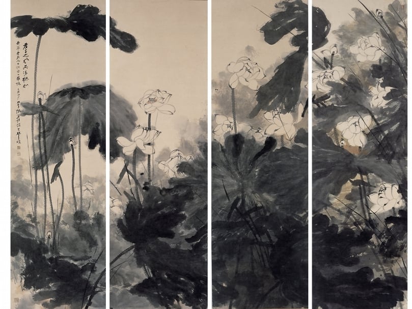 張大千〈荷花通景四屏〉,台北私人收藏。