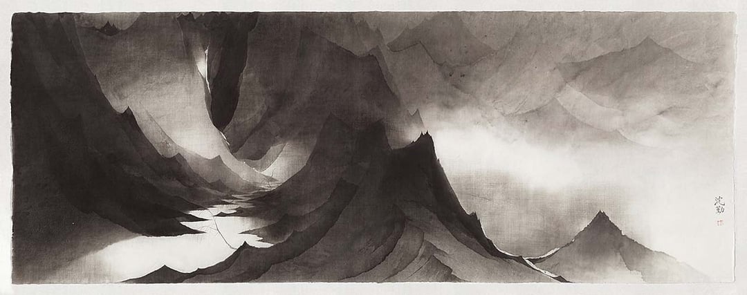沈勤《黑白．山》，水墨設色紙本，92×245cm，2017。（華藝香港提供）