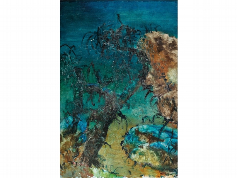 周春芽《石頭系列─與石頭聯接的樹》，油彩、畫布，195×130cm，1993。（佳士得香港提供）