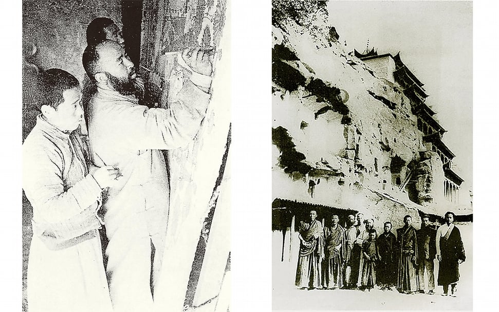 左圖為張大千在敦煌洞窟中描摹壁畫的情形，約1942年拍攝。 右圖為1943年張大千與子侄心智、心玉、喇嘛等人攝於敦煌莫高窟44窟前。（本刊資料室）
