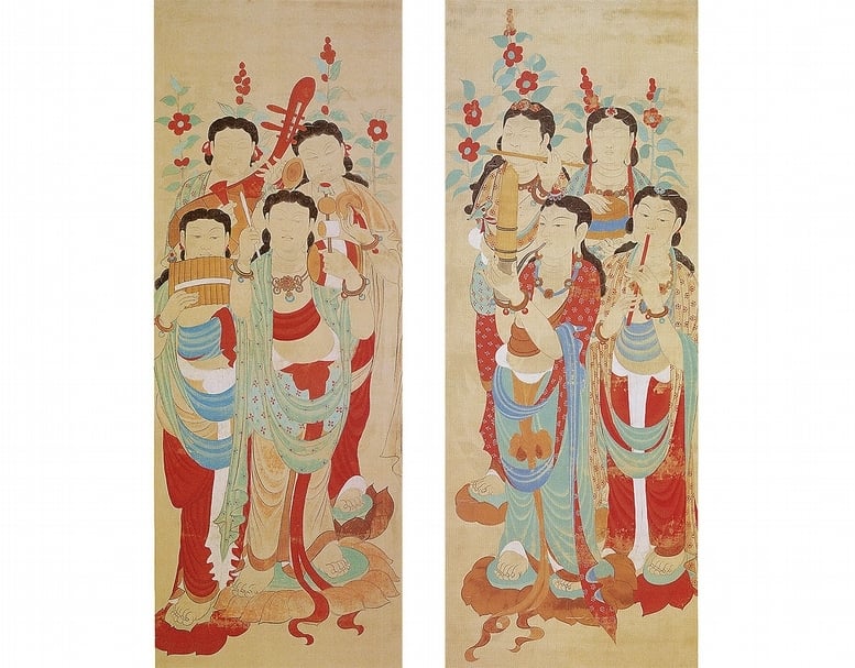 張大千約1942年〈盛唐伎樂天菩薩〉（左右兩幀），水墨設色絹本，170.5×63.5公分×2，成都四川博物院藏。