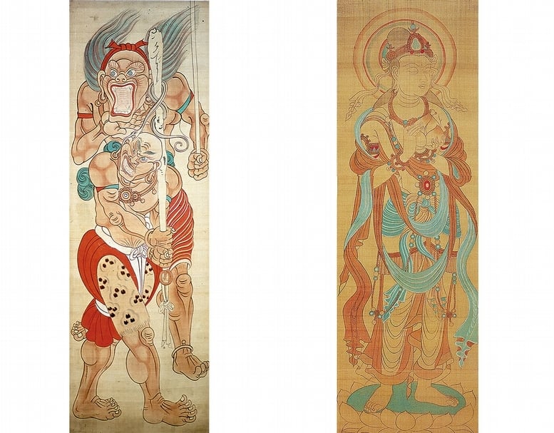 左圖為張大千約1942年描繪的〈盛唐鬼怪圖〉，水墨設色絹本，216.8×70.8公分，成都四川博物院藏。右圖是張大千約1942年〈晚唐觀音大士像〉，設色絹本，210 ×62.4公分，成都四川博物院藏。