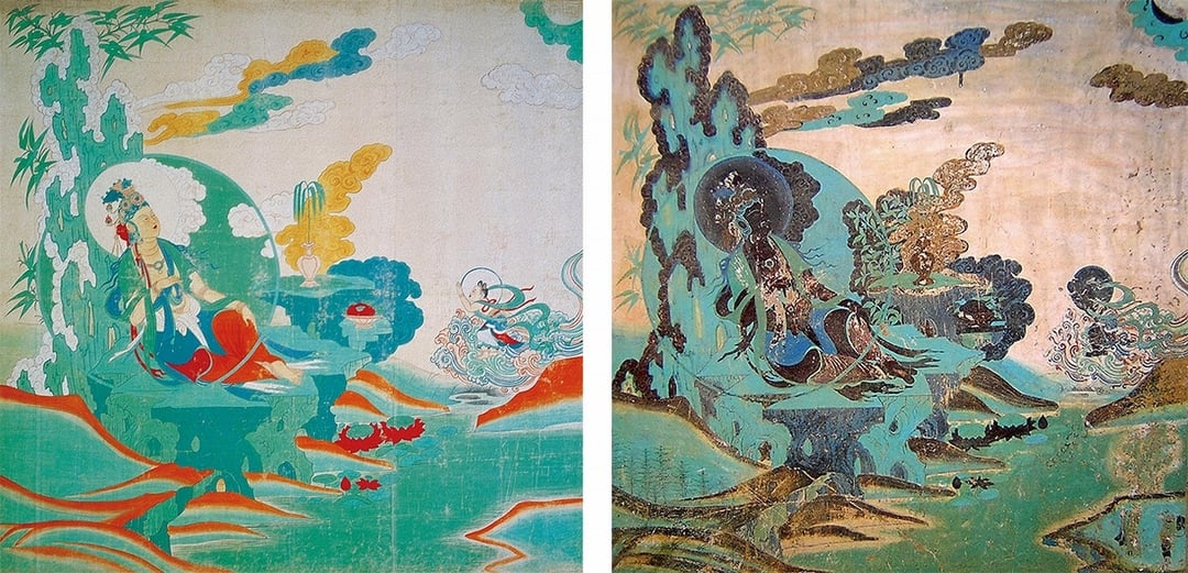 左圖為張大千約1942年〈西夏水月觀音〉，設色布本，140.8×144.5公分，成都四川博物院藏；右圖為西夏〈水月觀音〉，榆林窟二窟西壁北側壁畫原蹟。