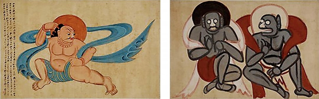 左圖為張大千約1942年〈西魏夜叉〉，水墨設色絹本，74.8×108.5公分。右圖為張大千約1942年〈北周夜叉〉，水墨設色絹本，74.8×108.5公分。二者皆為成都四川博物院藏。