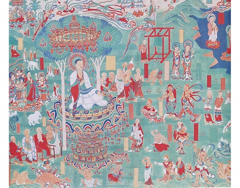 張大千約1942年〈晚唐勞度叉鬥聖經變圖〉，局部，水墨設色布本，345×925公分，成都四川博物院藏。