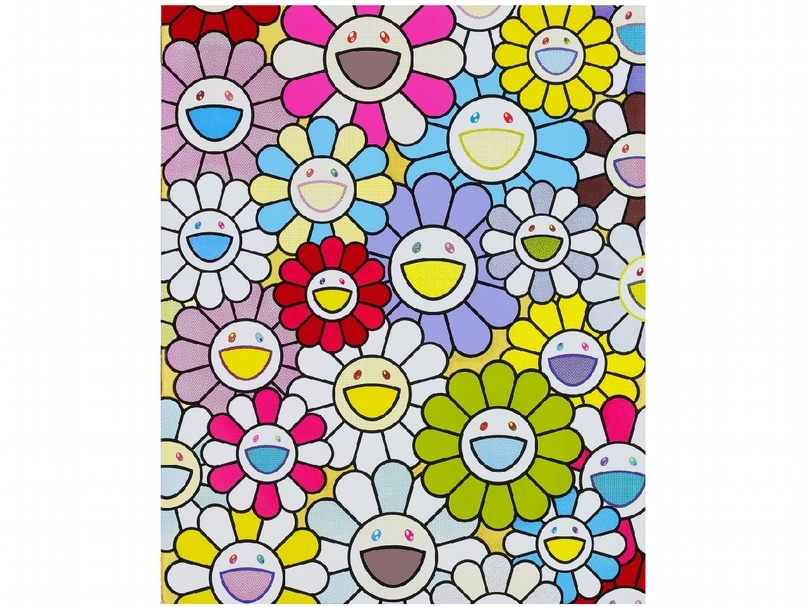 村上隆《A Little Flower Painting: Yellow, White, and Purple Flowers》 壓克力、金箔、畫布， 41.7 x 33.5 公分，2017 年作，估價：1,500,000-1,800,000 港元。（香港邦瀚斯提供）