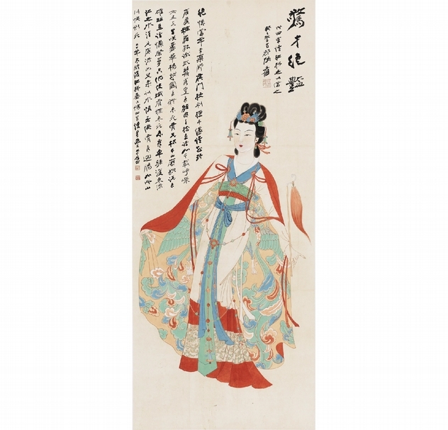 張大千 （1899 - 1983）《驚才絕豔》， 設色紙本 鏡框，135.2 × 57.5cm，1953年作 ，估價待詢。（華藝香港提供）