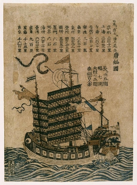 此《唐船》圖繪中，標示出日本與各大港口之距離，其中港口不只有上海、南京、北京、廣東等地，當中也有台灣。而最末的東京，應是指越南北部地區。（© Online Collection of Brooklyn Museum）