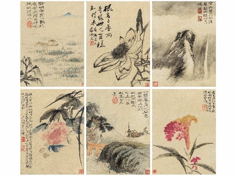 清代石濤《山水花卉冊頁》（圖為其中六開）。