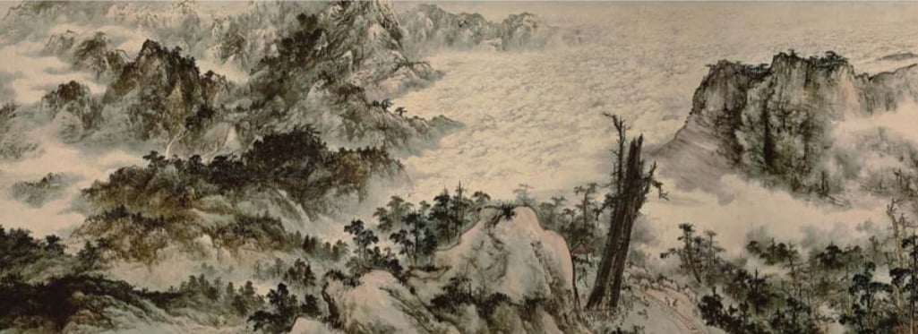 張大千、黃君璧、張穀年、胡克敏、李奇茂、羅芳、范伯洪、蘇峰男、羅振賢、蔡友等合作〈寶島長春圖卷〉，約200×6600公分（圖為局部）。