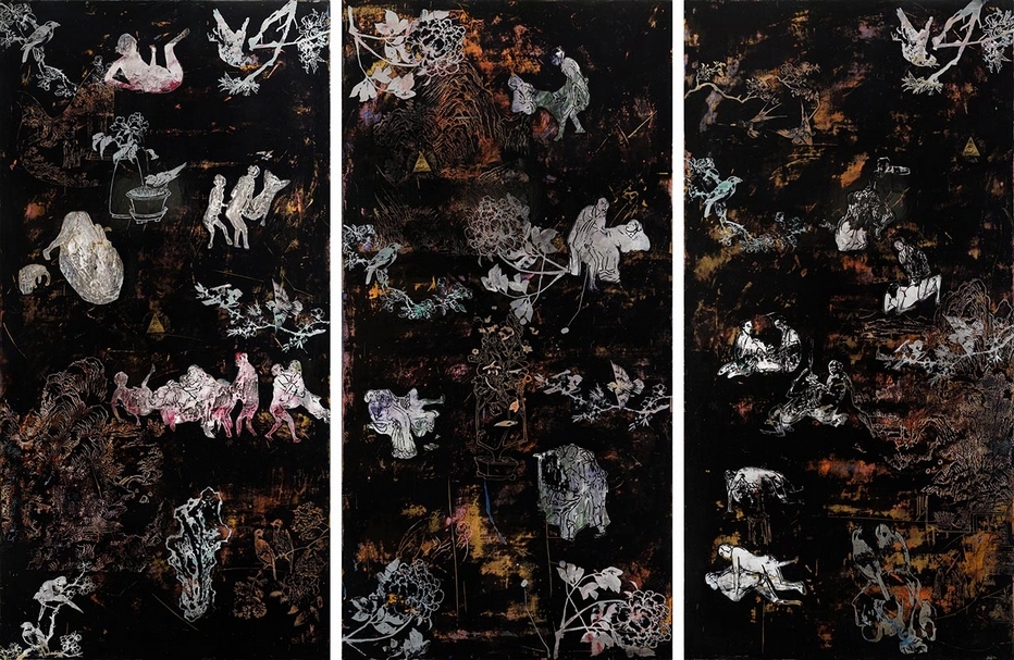 蘇孟鴻《美金瓶梅子園》，壓克力彩、畫布，194.5 × 97.5 cmx 3，2019。（藝術家與耿藝術文化基金會提供）