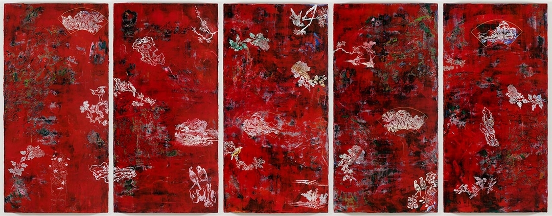 蘇孟鴻《夢紅樓》，壓克力彩、畫布，194 × 97 cmx 5，2019。（藝術家與耿藝術文化基金會）