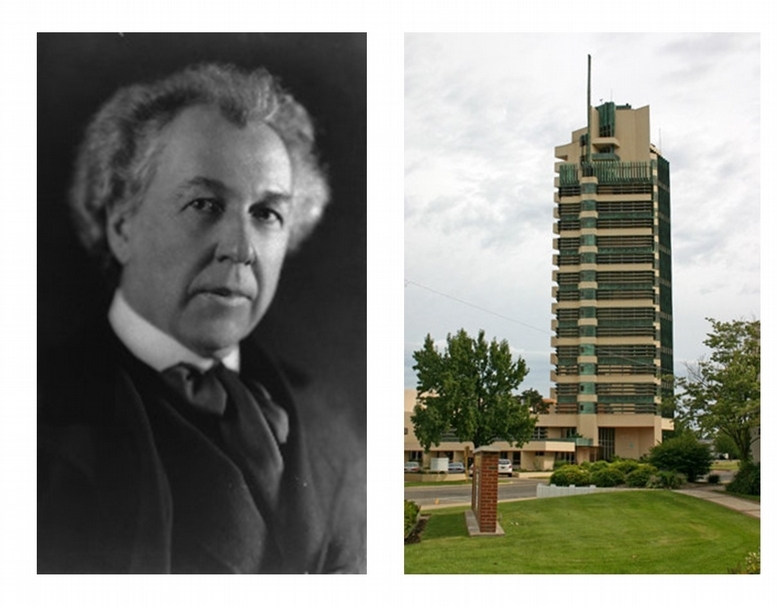 法蘭克．洛伊．萊特（Frank Lloyd Wright）及當時建造的普萊斯大樓（Price Tower）。（©美國國會圖書館、Emersonbiggins85）