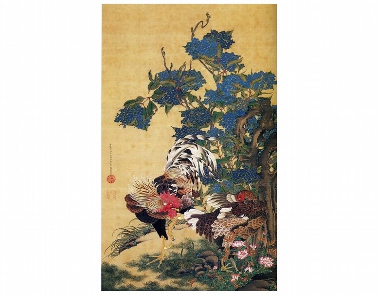 喬．普賴斯收藏之伊藤若沖（Itō Jakuchū）《紫陽花雙鷄圖》。（© Wikipedia）