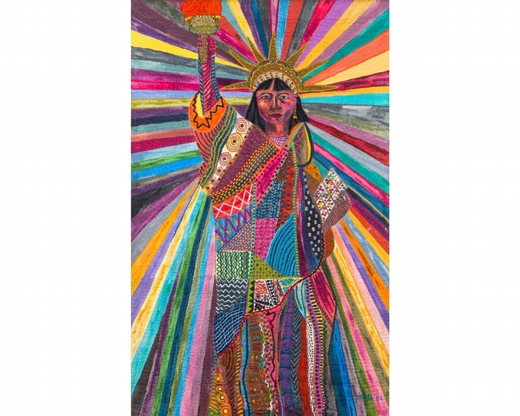 帕奇塔．阿巴德（Pacita Abad）1992年的作品《L.A. Liberty》將於「編織」（Woven）呈現。（Courtesy of Silverlens Galleries）
