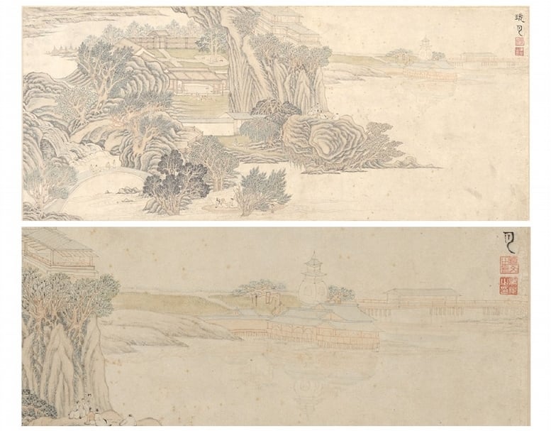 圖3：上為吳彬約1600年作〈歲華紀勝冊．玩月〉，紙本設色，9.4×69.8公分，國立故宮博物院藏。下為〈歲華紀勝冊．玩月〉局部，清楚可見彩色的水中倒影。（圖／國立故宮博物院）