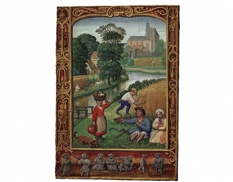 圖4：1540年《Book of Hours》（或稱Golf Book）插圖之一「八月」，倫敦大英圖書館藏。（圖轉載自現代翻印本《Libro d'Ore：Il Libro Del Golf》，Barcelona：M. Moleiro Editor，2003）