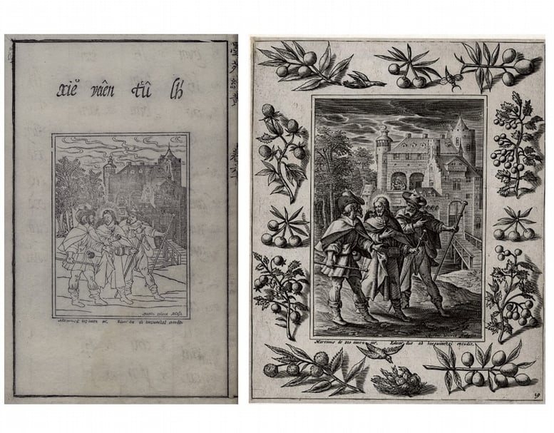 圖6-1（左）：為1610年程君房編《程氏墨苑》插圖之一「二徒聞實」，國立故宮博物院藏。（圖／國立故宮博物院） 圖6-2（右）：為1580-1600年Maarten de Vos原稿由Antonius Wierix製作，Eduard van Hoeswinckel出版〈The Journey to Emmaus〉，銅版畫，19×15.2公分，倫敦大英圖書館藏。圖片轉引自F W H Hollstein，〈Dutch and Flemish etchings, engravings, and woo