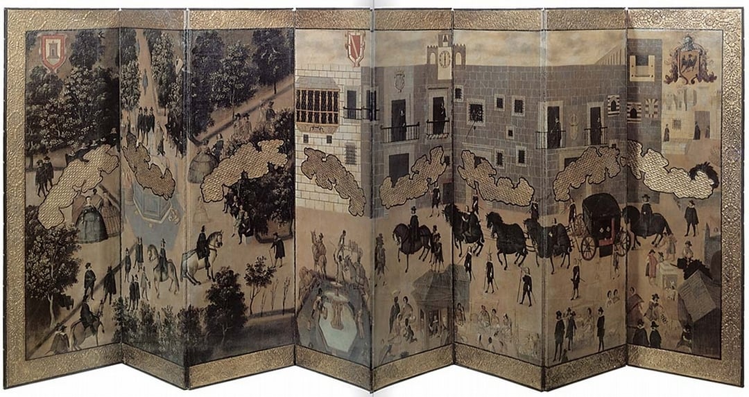 圖18：1676-1700年作墨西哥總督府的屏風，馬德里美洲博物館藏。（圖引自Cruz Martínez de la Torre, Paz Cabello Carro, Museo de America, Madrid（Spanish Edition）, Madrid : Ibercaja, 1997, pp.118-119）