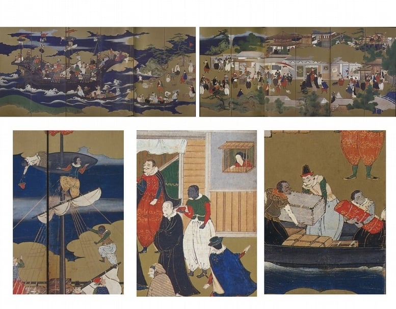 圖12：〈南蠻屏風〉，六曲一雙，各面163.5×362.6公分，大阪南蠻文化館藏。（圖轉引自坂本滿等《日本屏風繪集成15：風俗畫．南蠻風俗》，東京：講談社，1979，圖版37～38）
