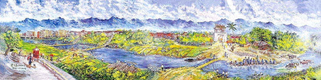 曾文忠的作品《美濃一景——美濃河畔與東門樓》。（藝術家提供）