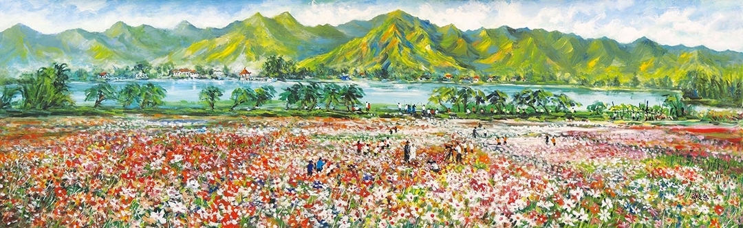 曾文忠的油彩作品《美濃山脈與美濃湖前花海》。（藝術家提供）