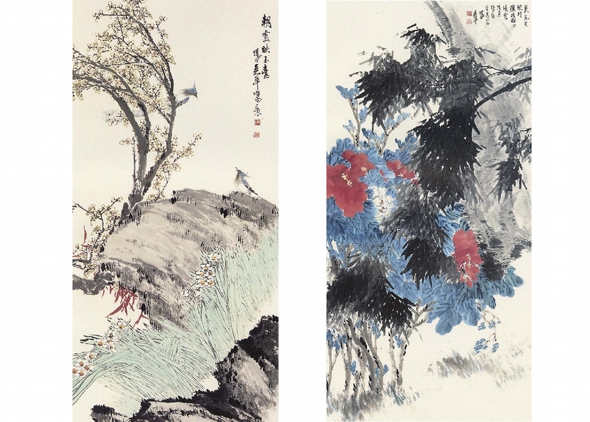 （左）吳平〈朝霞映玉台〉，138×69.5公分。（右）吳平1998年作〈分秋〉，94×46公分。