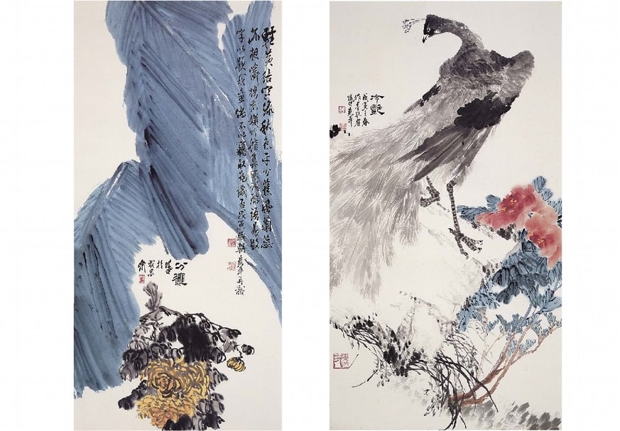 （左） 吳平〈美花映竹〉，138×69.5公分。（右）吳平1998年作〈墨孔雀〉，150×81公分。