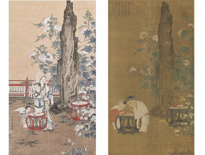 左為20世紀初王肅達《園林中的聖母、聖子與天使》，梵蒂岡博物館藏。（王明彥提供）右為宋代蘇漢臣《秋庭戲嬰》，國立故宮博物院藏。（故宮Open Data專區）
