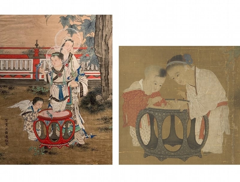 局部比較。左為20世紀初王肅達《園林中的聖母、聖子與天使》，右為宋代蘇漢臣《秋庭戲嬰》。
