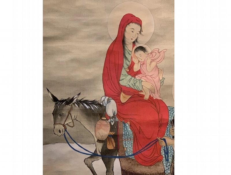 任懿芳《逃往埃及》中，畫家以燈籠暗示夜間行路。（王明彥提供）