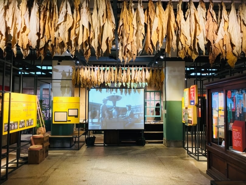 松山文創園區於製菸工廠南向一樓藝異空間舉辦「松菸八十」展覽，以菸葉作為主要視覺意象。（松山文創園區提供）