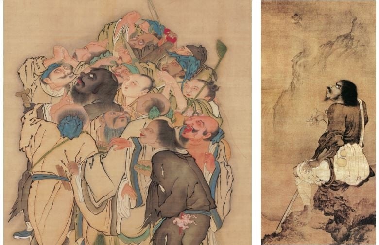 左為宋末元初畫家顔輝〈蛤蟆鐵拐圖〉，京都知恩寺藏。（蓬瀛仙館道教文化中心資料庫提供）