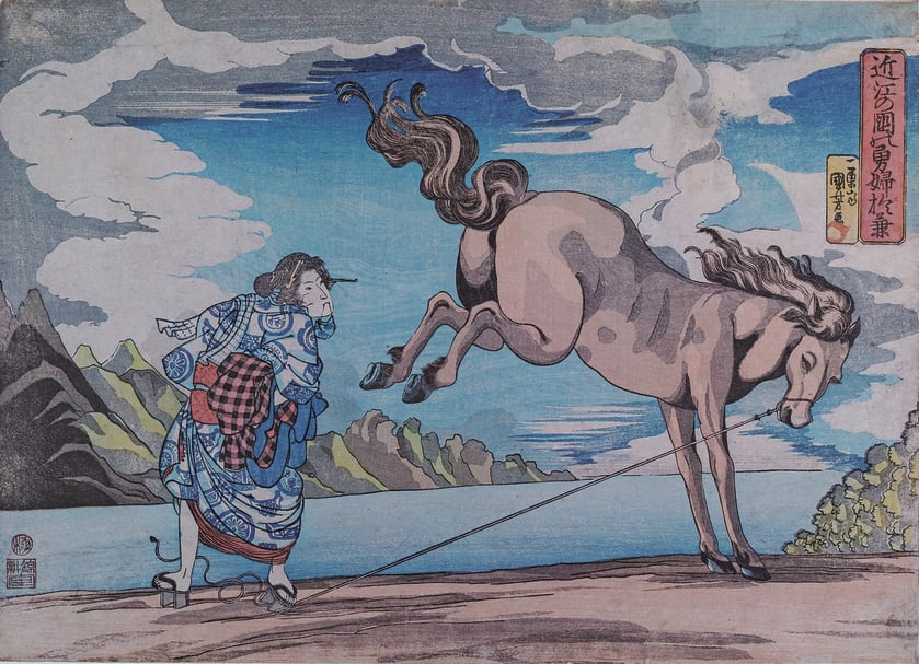 江戸時代 1830 年代歌川國芳〈近江國勇婦於兼〉，26.3×36.3 公分，神戶市立博物館藏。（國立故宮博物院提供）