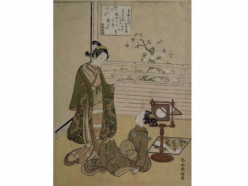 江戸時代 約明和年間（1764-72）鈴木春信〈高野的玉川〉，木版彩印，26.7×20.7 公分，神戶市立博物館藏。（國立故宮博物院提供）