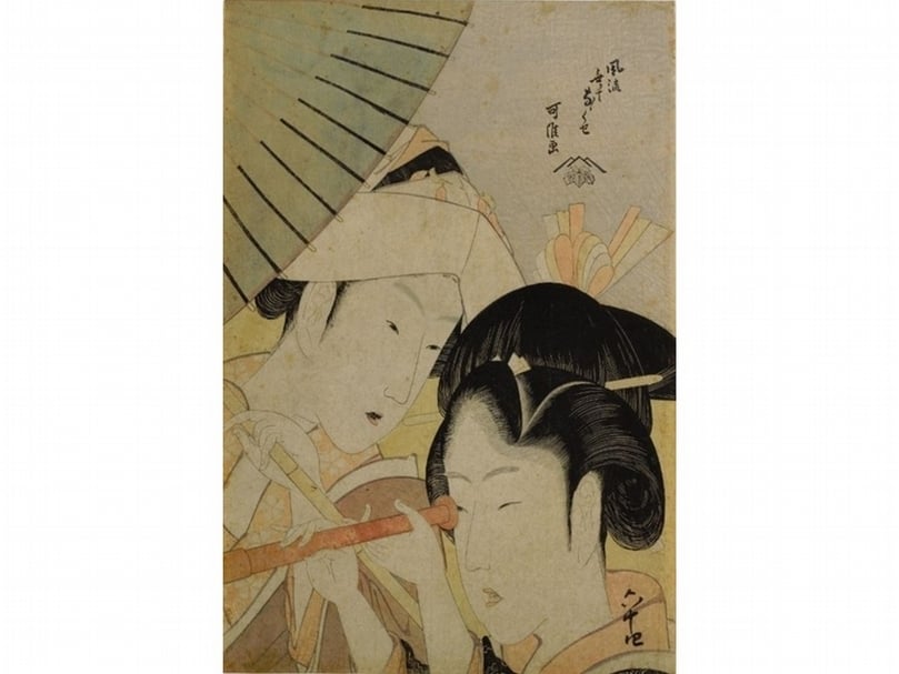 江戸時代 約享和年間（1801-04）葛飾北齋〈風流人必有七癖：望遠鏡〉，木版彩印，36.8x24.8 公分，神戶市立博物館藏。（國立故宮博物院提供）