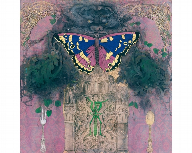 吳瓊娟《莊周夢蝶》，水墨膠彩絹本，72x72xm。（羅丹藝境提供）