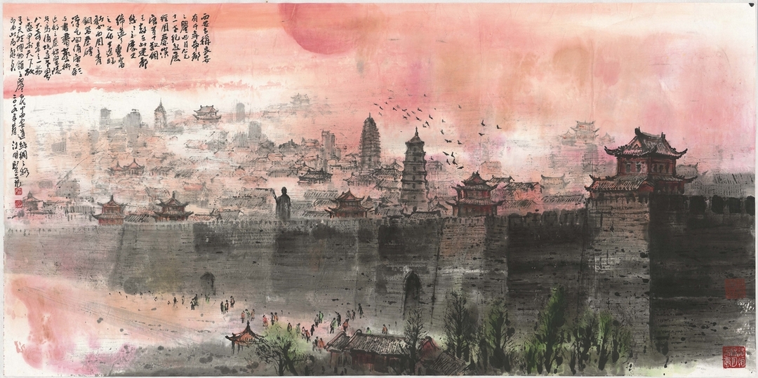 江明賢2018年作《長安古城》， 68×136公分。