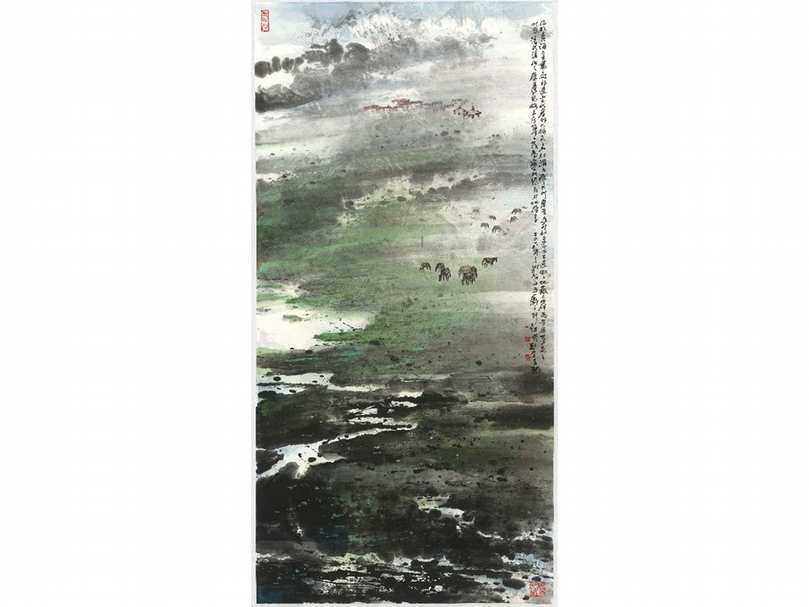 江明賢2018年作《祁連山下》，136×69公分。