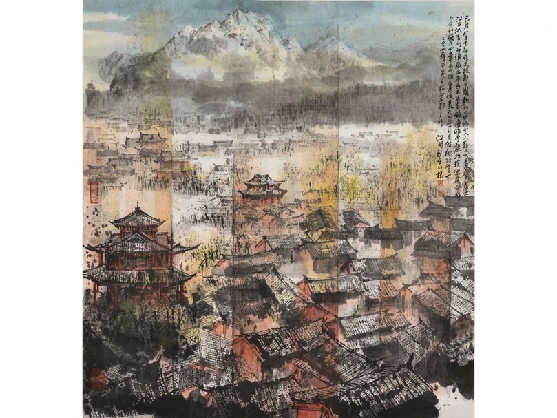 江明賢2014年作〈麗江城與玉龍山〉，96×90公分。