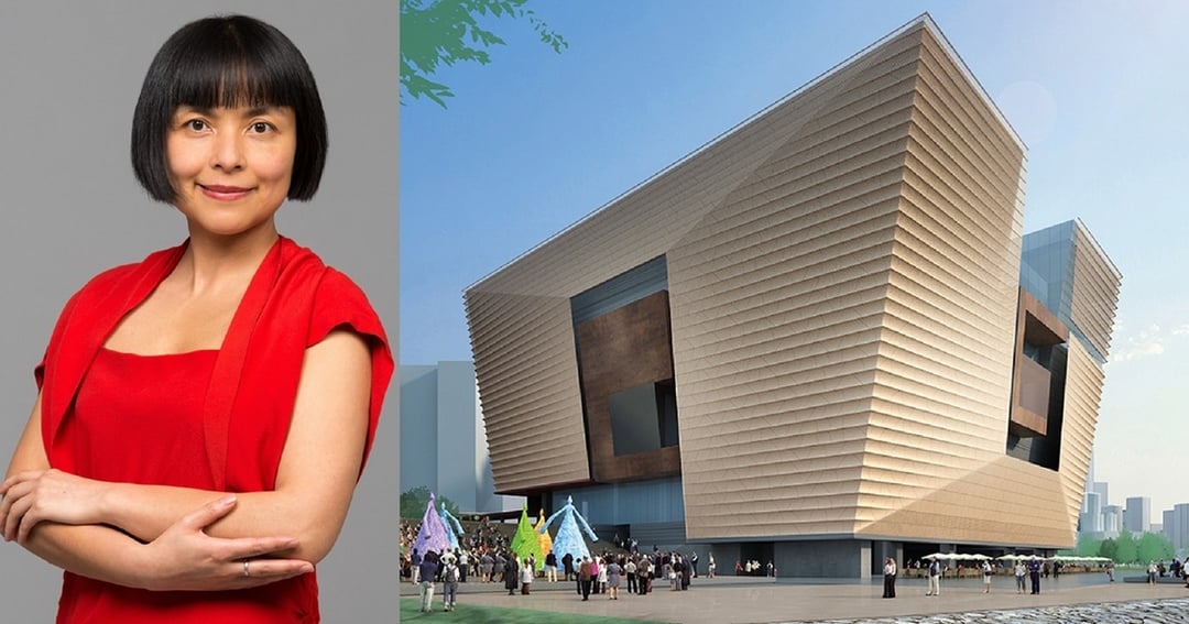新任香港故宮文化博物館副館長王伊悠及博物館建築設計圖。香港故宮文化博物館初步方案由許李嚴建築師事務有限公司設計。（左為王伊悠副館長提供，右取自網路）