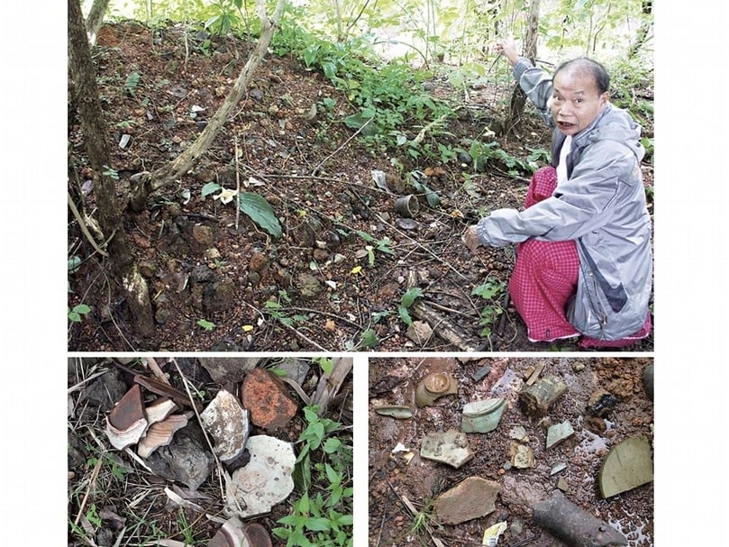 Kaw Bein窯址遺跡。左下可見遺跡中的乳白釉陶瓷片，右下則為綠白釉陶瓷片。（攝影／坂井隆）